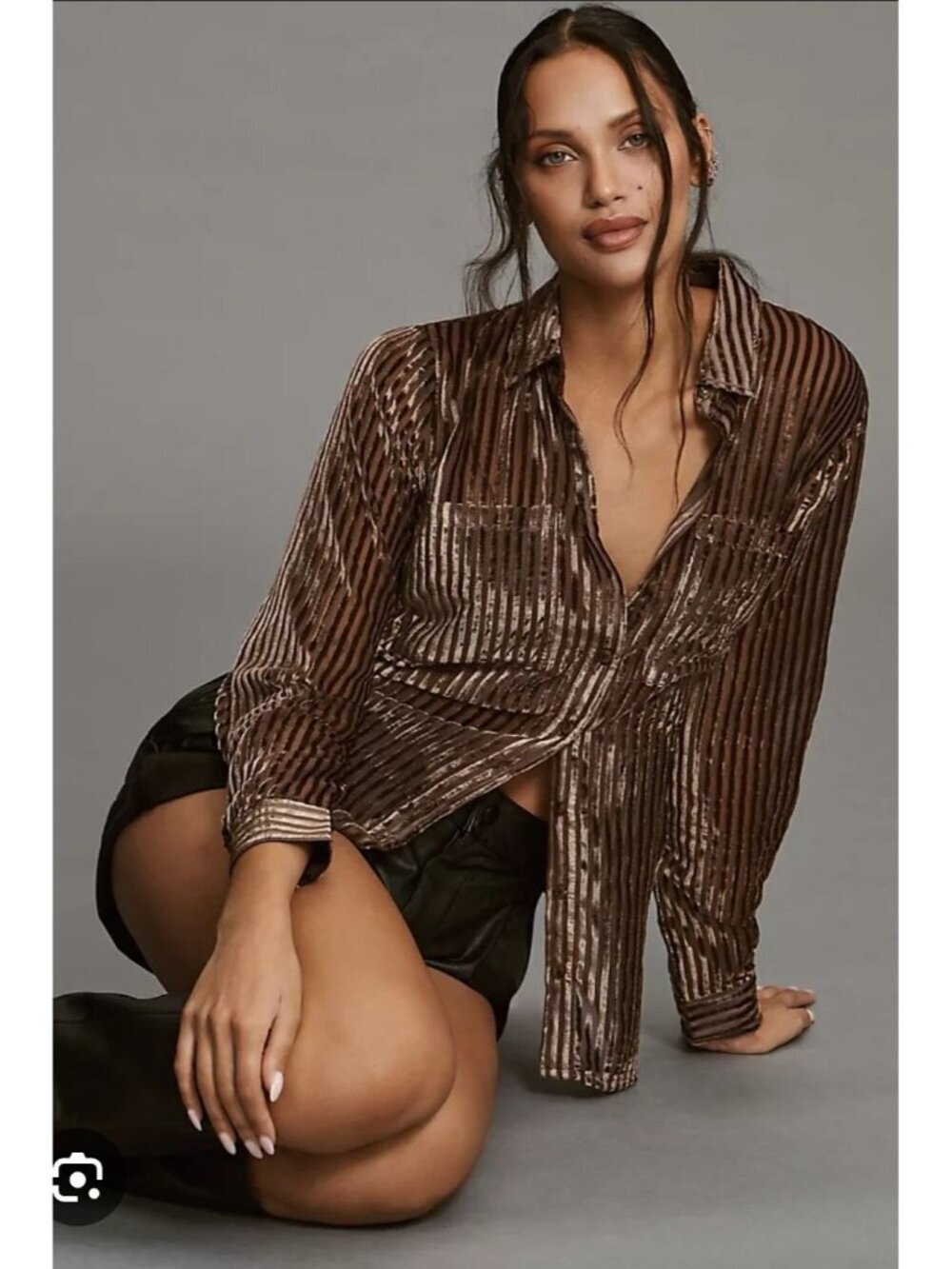 Pilcro Anthropologie Velvet Burnout Button Up Shirt Womens XXS Sheer Stripe Goth